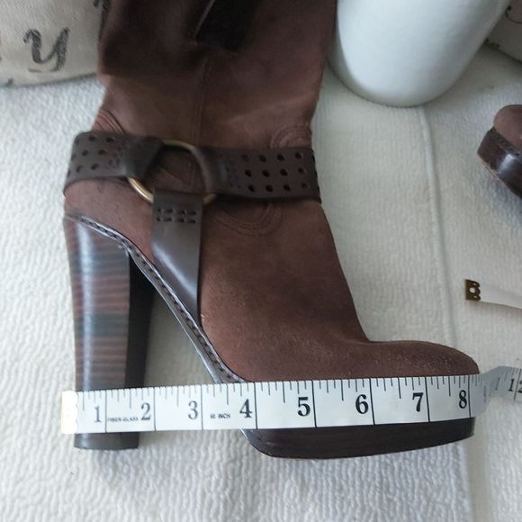 Frye Harmony heel suede leather boots brown harness platform - Picture 15 of 16